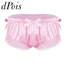 Мужское блестящее мягкое атласное нижнее белье с рюшами и цветочным кружевом с милым бантом, женские стринги, нижнее белье, мужские сексуальные трусики, трусы