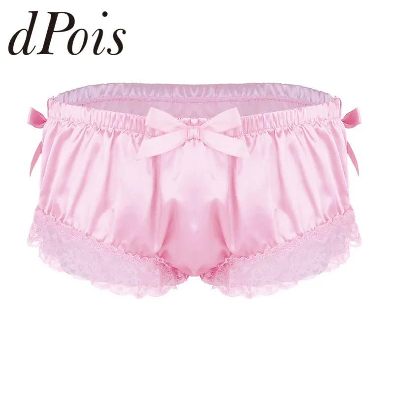 

Mens Sissy Shiny Soft Satin Lingerie Ruffled Floral Lace Cute Bowknot Knickers Briefs Underwear Gay Male Sexy Panties Underpants