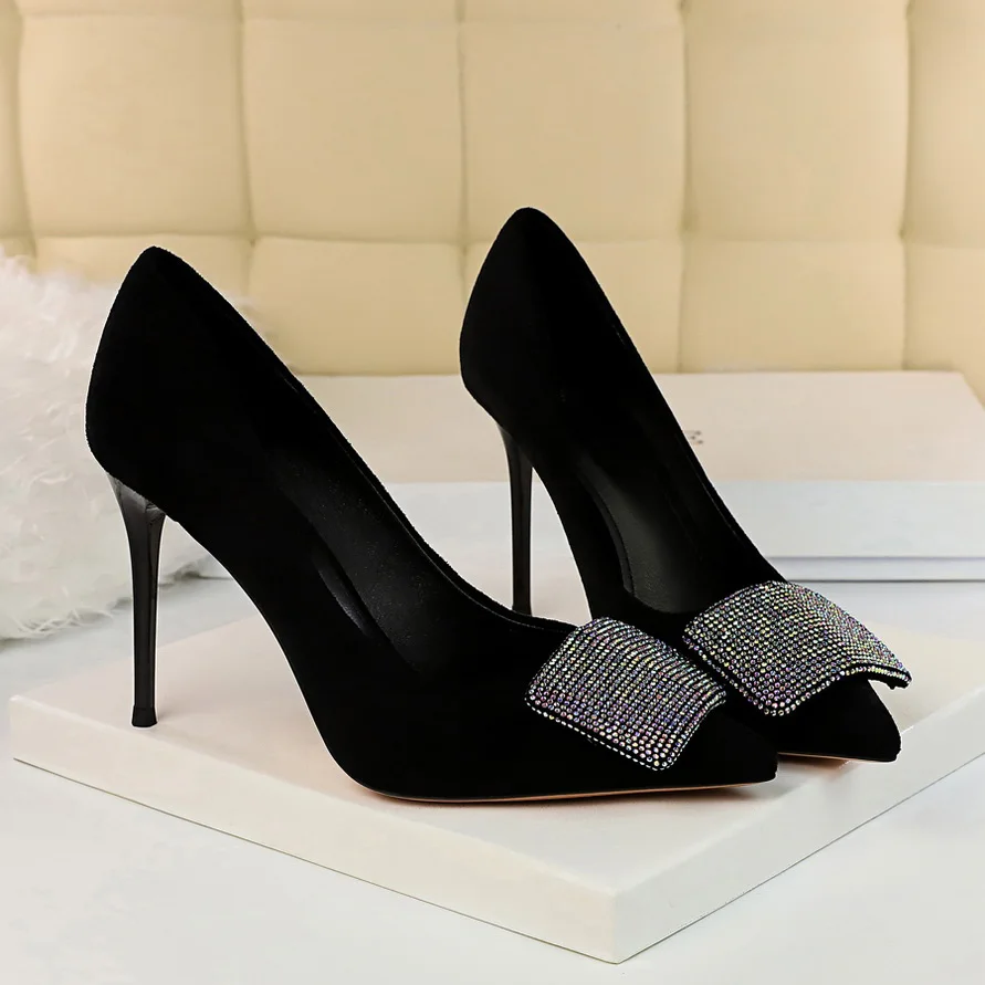 Women 9.5cm High Heels Crystal Buckle Glitter Pumps Lady Wedding Green Yellow Blue Heels Female Scarpins Valentine Shoes - Цвет: Черный