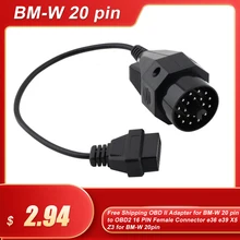 Frete grátis obd ii adaptador para bmw 20 pinos para obd2 16 pinos conector fêmea e36 e39 x5 z3 para bmw 20pin