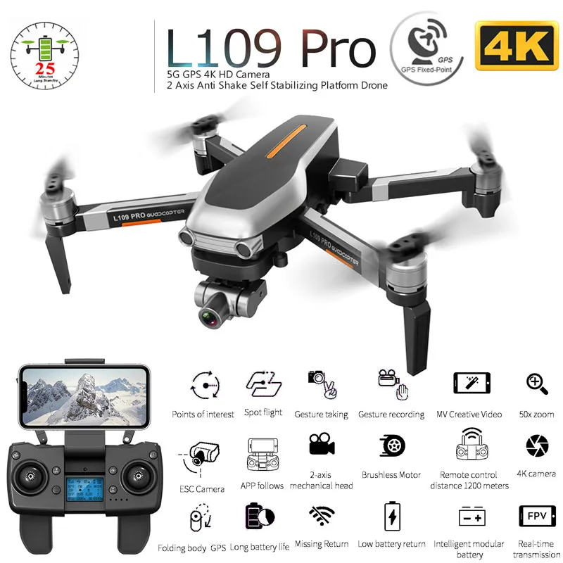 

L109 PRO GPS Drone with 2-axis Gimbal Anti-shake Selfstabilizing Wifi FPV 4K Camera Brushless 5G WiFi 1.2km Quadcopter VS SG906