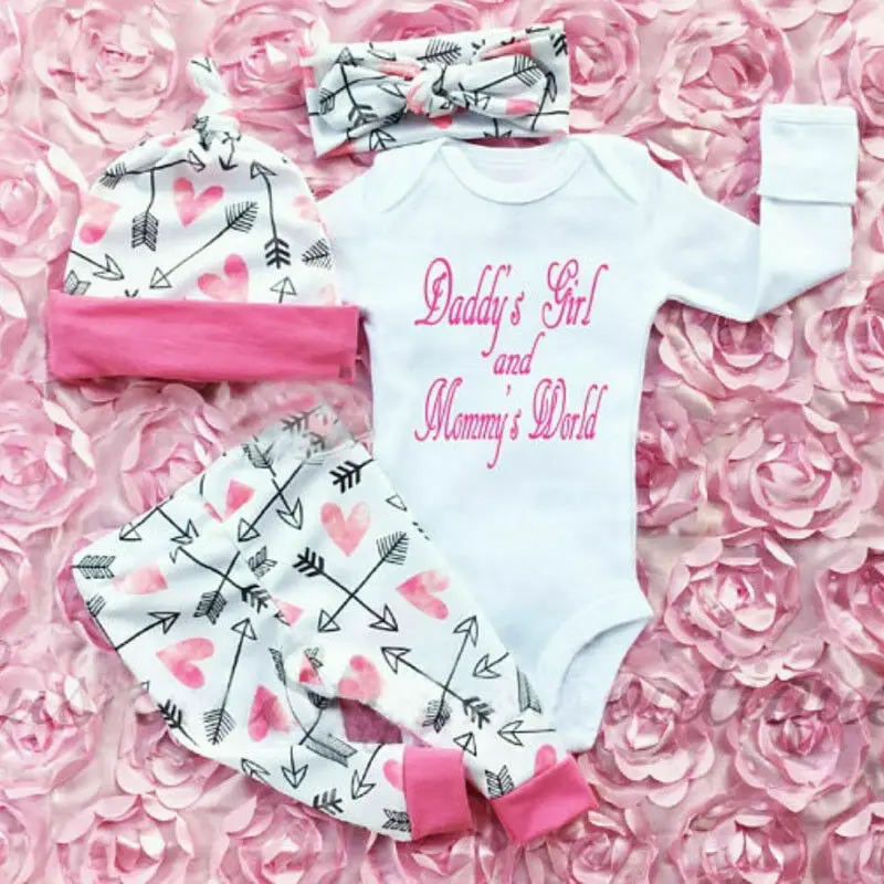 

Newborn Baby Girls Boys Clothes Sets Letter Print Romper Jumpsuit + Floral Pants Leggings Headband+Hats 4pcs Outfit Set