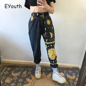 

Women's High Waist Pant Jeans Female Summer Women‘s Jeans Trousers Girls Denim Chic Fashion Moon Sun Star Print Pants for Women