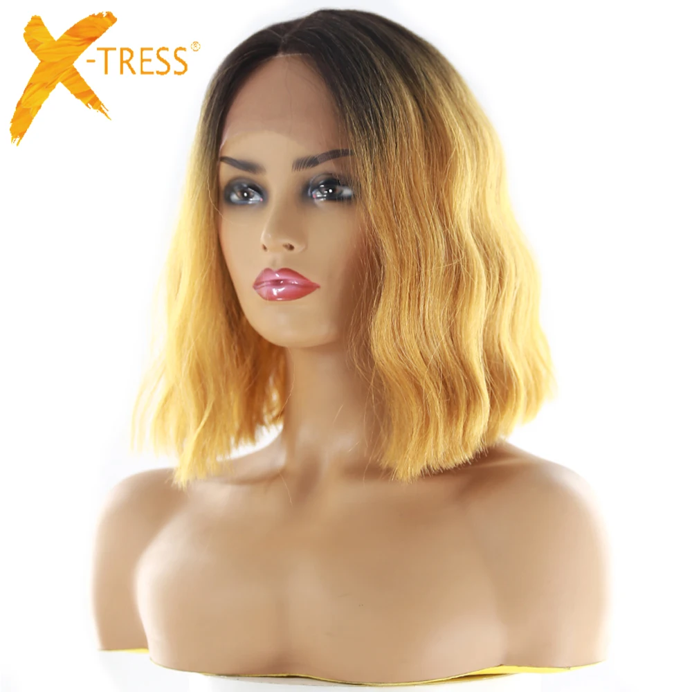 

Natural Wave 10inch Short Bob Synthetic Hair Wigs For Black Women X-TRESS Dark Roots Ombre Gold Color Lace Front Wig Middle Part