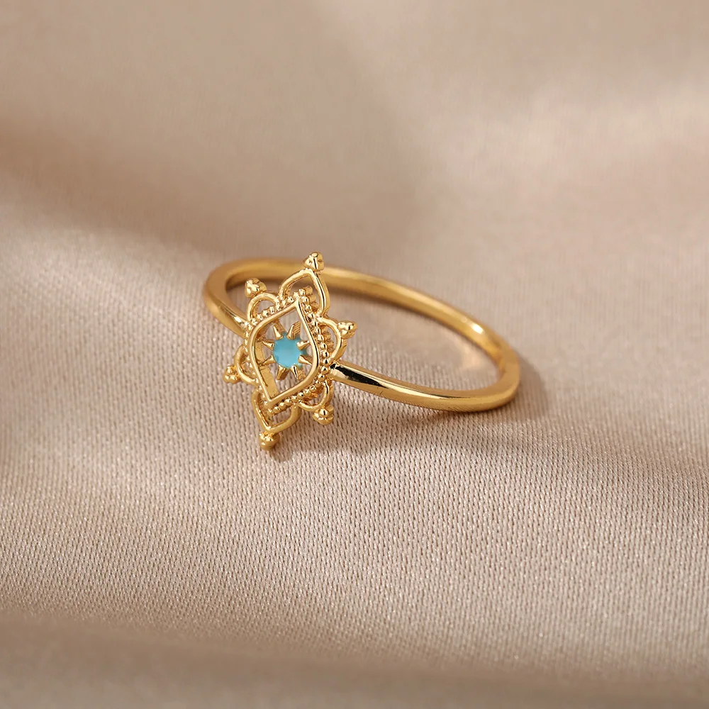 Opal Hexagonal Star Flower Ring Stainless Steel Hollow Out Pattern Geometry Ring