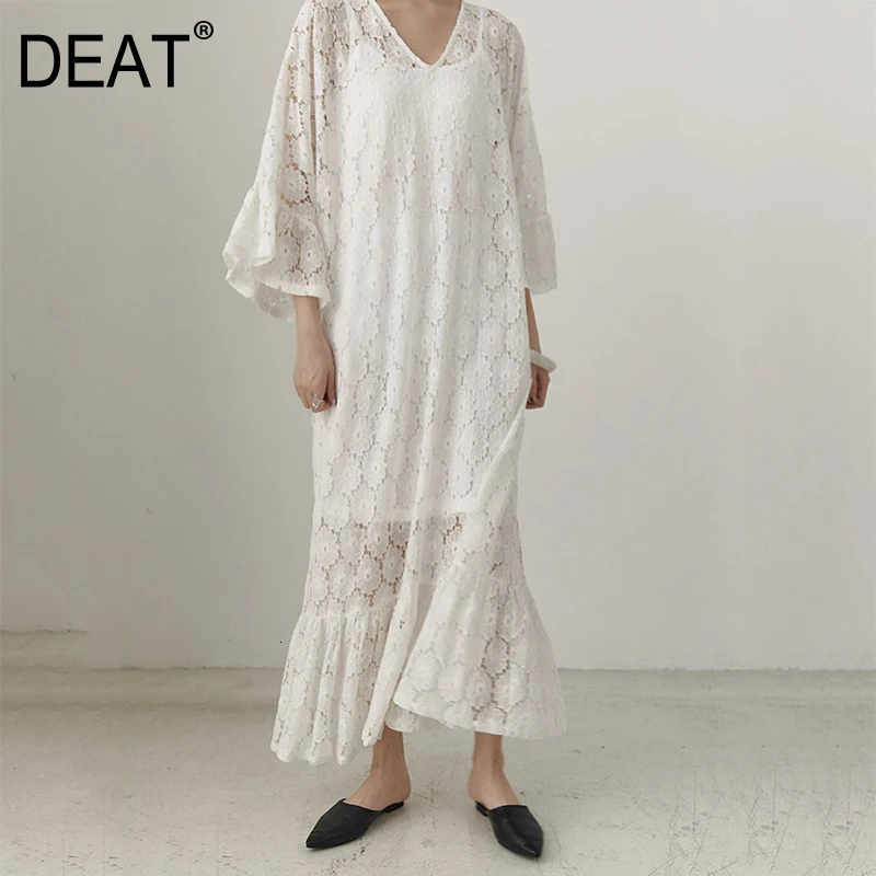 

[DEAT] 2019 New Autumn Winter V-Neck Three-quarter Sleeve White Lace Split Joint Loose Big Size Dress Women Fashion Tide JT06