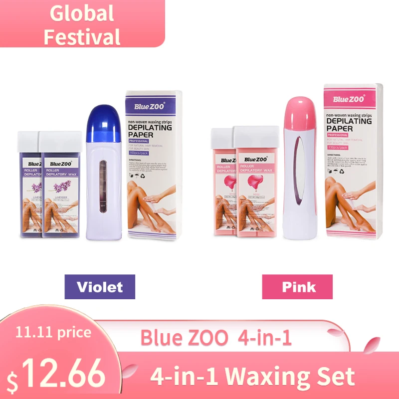 

Blue ZOO 4-in-1 Depilatory Waxing Set with Wax Heater Machine/Roller Depilatory Wax/Non-woven Waxing Strips Depilating Paper