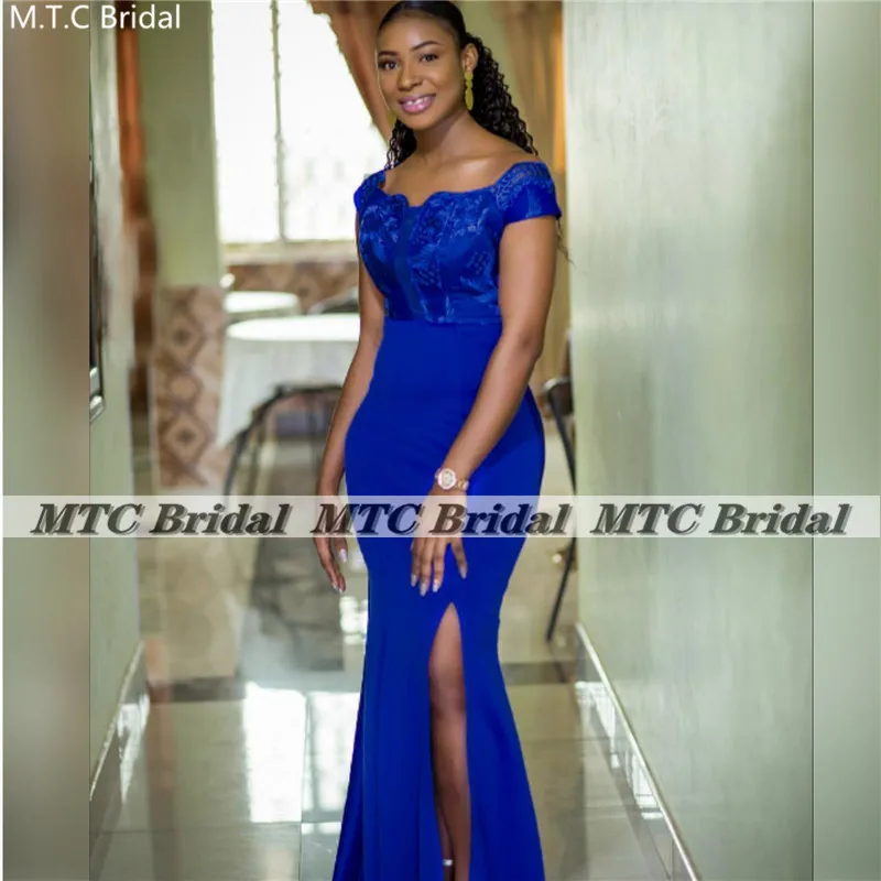 Royal Blue Off The Shoulder Mermaid Bridesmaid Dresses Side Slit Corset Black Girls Wedding Party Gowns For Maids Plus Size