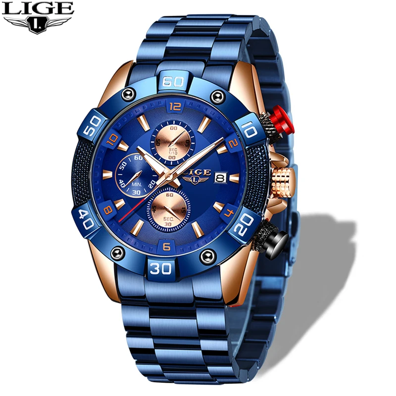 

2020 LIGE Watches Men Stainless Steel Band Quartz Wristwatch Military Chronograph Clock Male Fashion Sporty Watch Waterproof