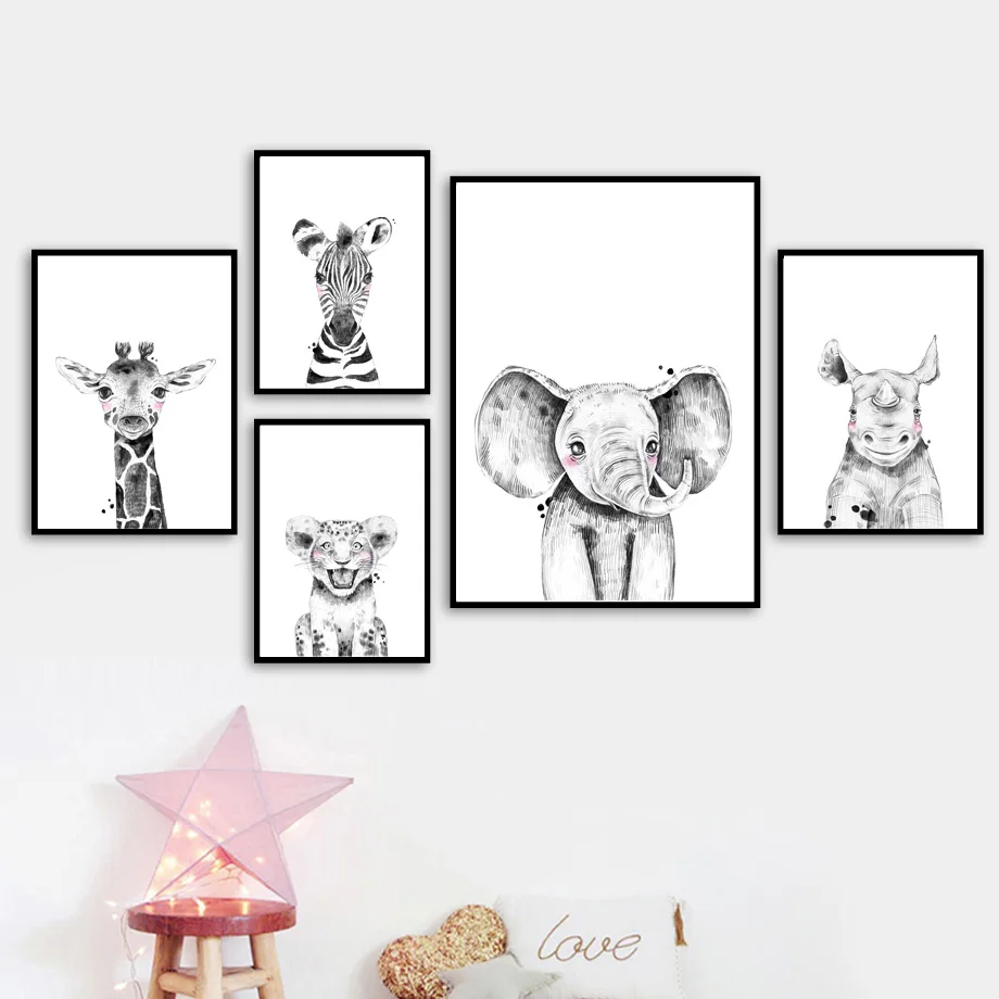 Cartoon_Zebra_Giraffe_Tiger_Elephant_Rhinoceros_Nordic_Posters_And_Prints_Wall_Art_Canvas_Painting_W (4)