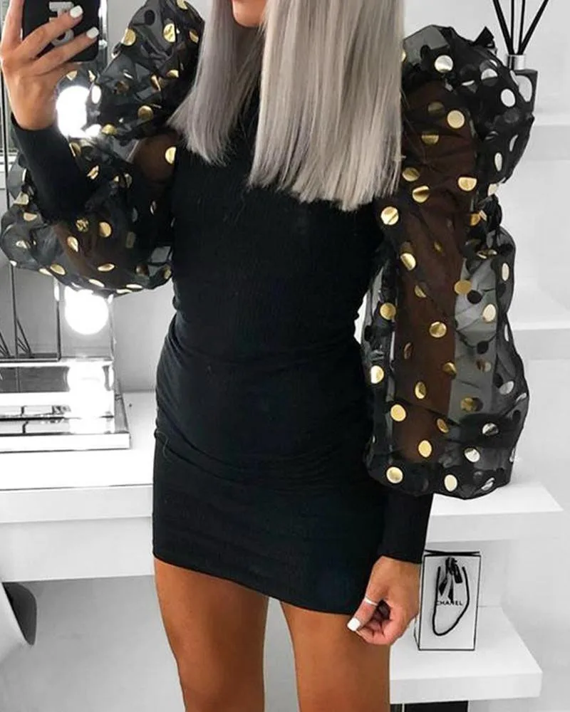 

Women Spring Autumn Mesh Puff Long Sleeve Ribbed Knitted Dress Slim Casual Polka Dots Bodycon Dress Elegant Club Party Clothes