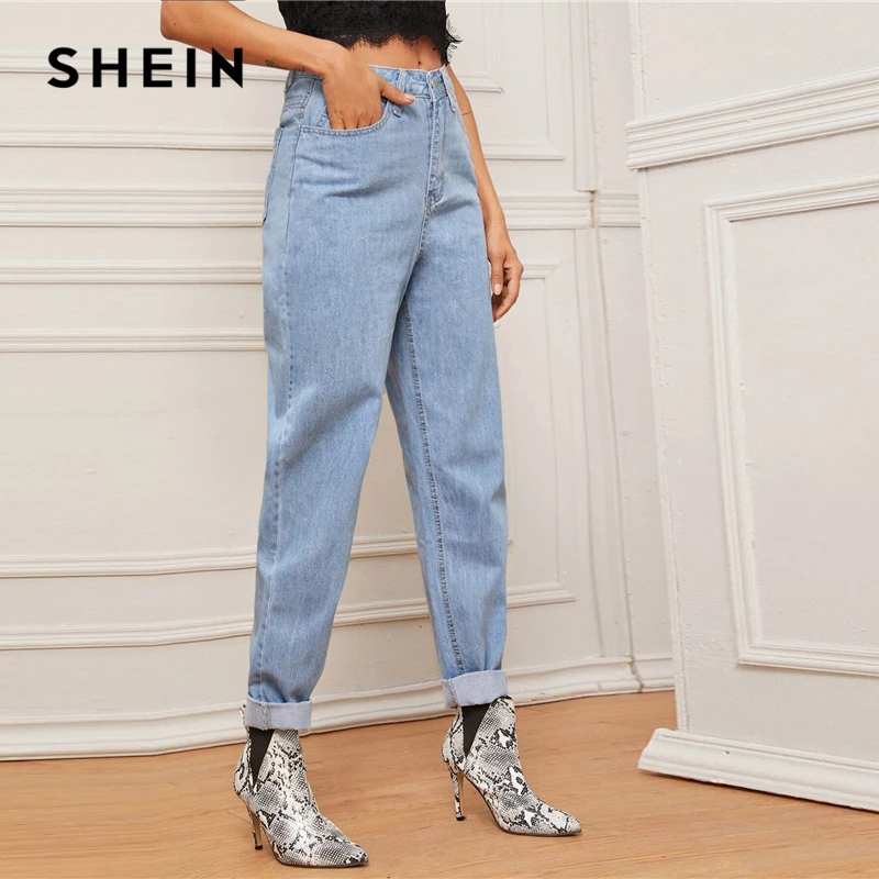 SHEIN, пастельный синий светильник, джинсы для мамы, без пояса, женские весенне-осенние повседневные джинсы с высокой талией, джинсовые зауженные длинные штаны