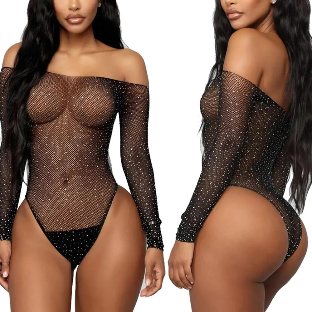 Sexy Fishnet Body Lingerie Bodysuit Rhinestone Off Shoulder Sexy Underwear Women Mesh Fish Net Slim Babydoll Catsuit Leotard Top