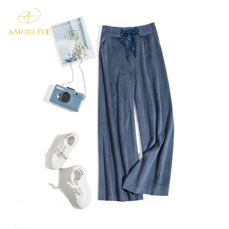 

AMOR LIVE 3D Velvet Ribbon Waist Wide Leg Pants For Woman Brown Color Lace Long Pants Casual Spring Autumn Fashion Loose Pants