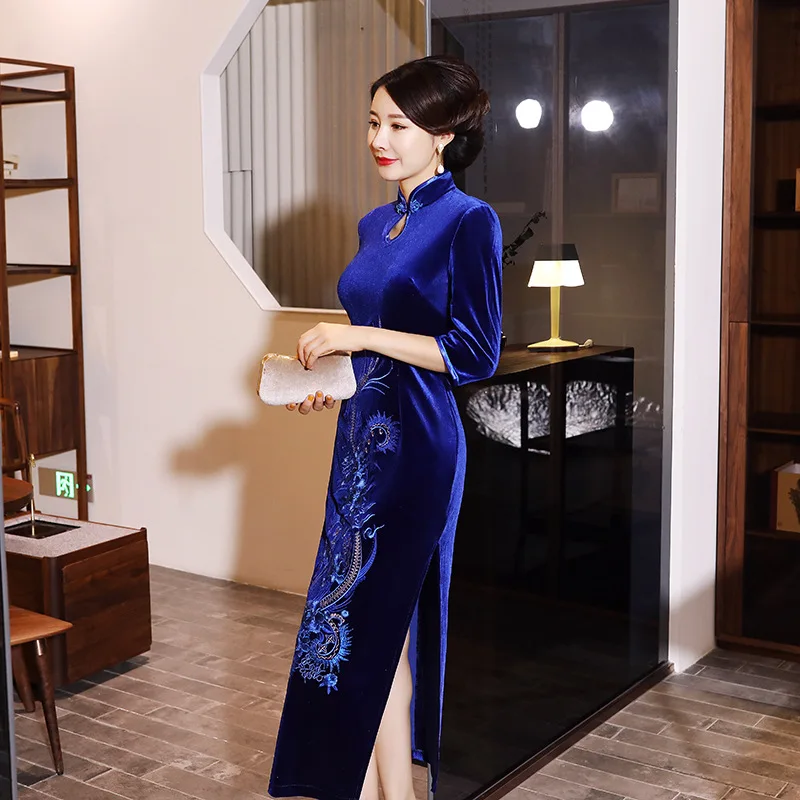 Embroidery Long Velour Vintage Ladies Chinese Style Dress Classic Qipao Stage Show Elegant Female Handmade Button Cheongsam