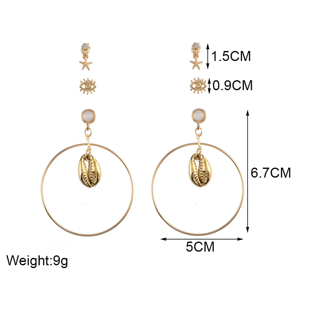 Sindlan 3 пары, большие круглые золотые серьги в виде ракушки для женщин, набор сережек с кристаллами в виде морской звезды, серьги-гвоздики, ювелирное изделие