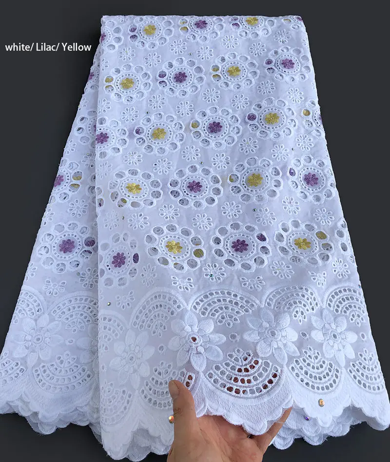 white lilac 5 ярдов мягкая хлопковая африканская швейцарская вуаль кружевная ткань в нигерийском стиле швейная одежда для кожи высокого качества - Цвет: white lilac
