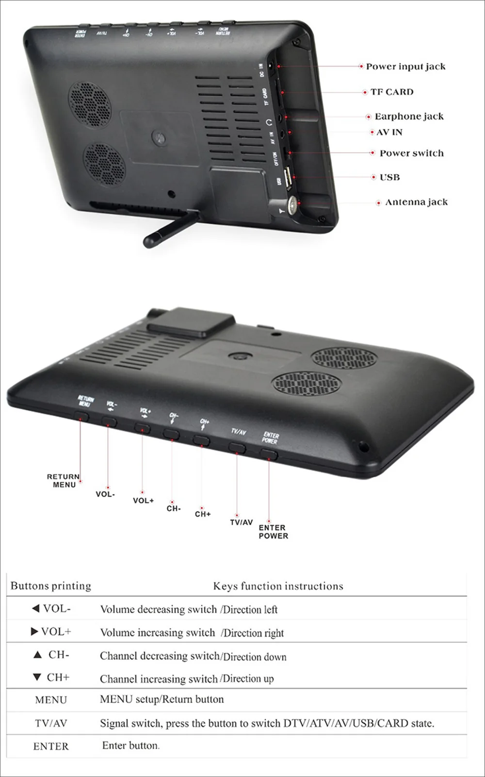 LEADSTAR 7 inch D7 DVB-T2 ATSC 16:9 HD Digital Analog Portable TV Color Television Player USB TF Card With Car charger