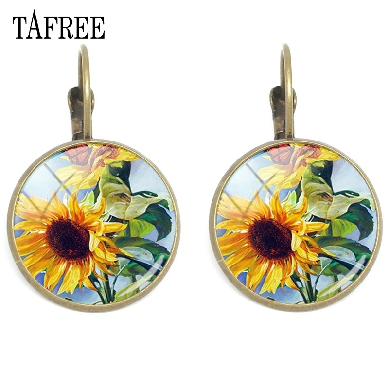 TAFREE, клипсы в виде подсолнуха, стеклянные драгоценные камни, художественное фото, ушные клипсы, античная бронза, покрытые вручную, серьги для женщин, модное ювелирное изделие, XR05