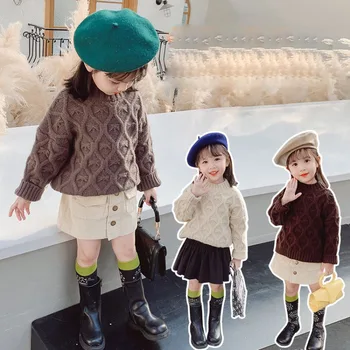 

Solid Color Stitching Handmade Girl Sweaters Pullover O neck Casual Jumper Baby Knitted Sweater Winter Girl Sweater Clothing
