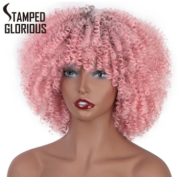 

Stamped Glorious Afro Puff Hair Short Afro Kinky Curly Wig Ombre Pink Synthetic Wigs for Africa Women Heat Resistant
