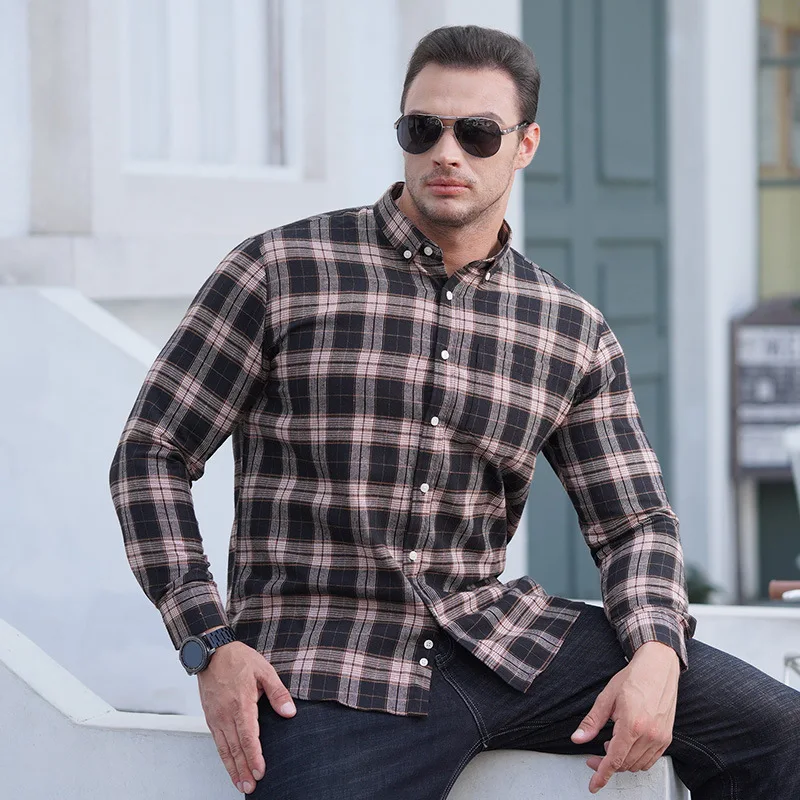 

Plus Size Long Sleeve Shirt Men's Casual Loose Flannel Yarn-dyed Plaid Large Shirts Classic Fashion Male High-end Brand Slim Top