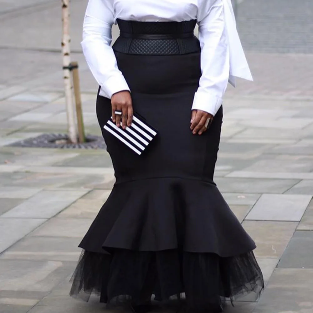 Ladies Black Mermaid Winter Long Women Skirt with Mesh Ruffles Trumpet Party XL-5XL Plus Size Maxi Skirts High Waist Autumn