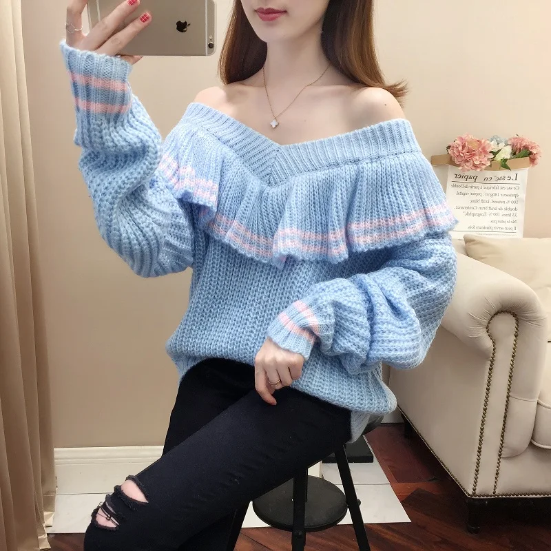 Blue Женский пуловер, свитера, осень, зимний Корейский стиль, Kawaii, с оборками, с открытыми плечами, Свитера для девушек, вязаный джемпер, pull femme hiver - Цвет: Blue