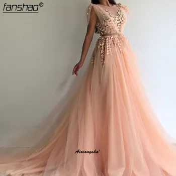 

Peach Evening Dress Deep-v 3D Flowers Beaded Illusion Special Occasion Party Dress vestido largo Islamic Dubai Evening Gown Prom