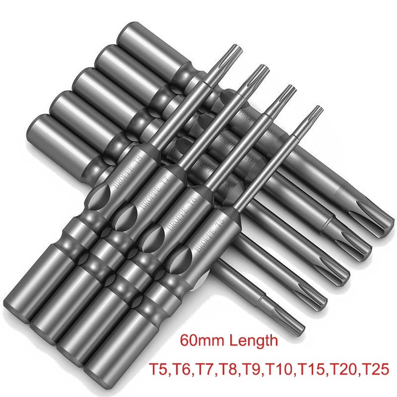 9Pcs 60mm Torx Head Screwdriver Bits 6mm Round Shank Driver Magnetic Security Drill Bit for 802 Electric | Инструменты