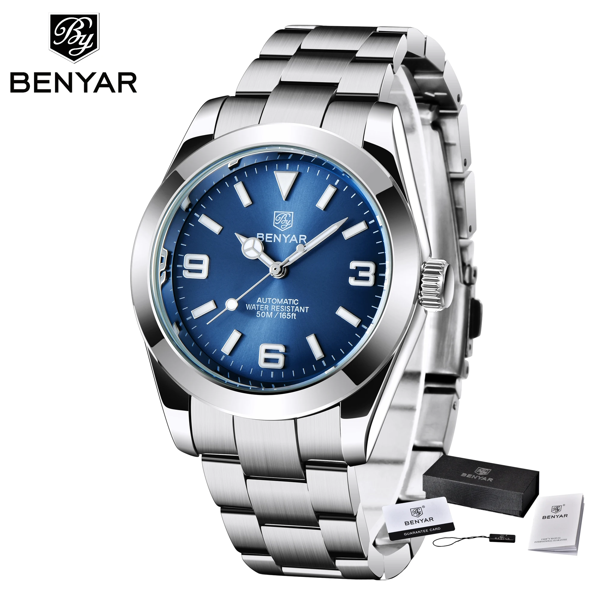 

BENYAR DESIGN Latest Men's Watch Stainless Steel Automatic Mechanical Clock Folding Clasp Luminous 50m Waterproof Watch Montre