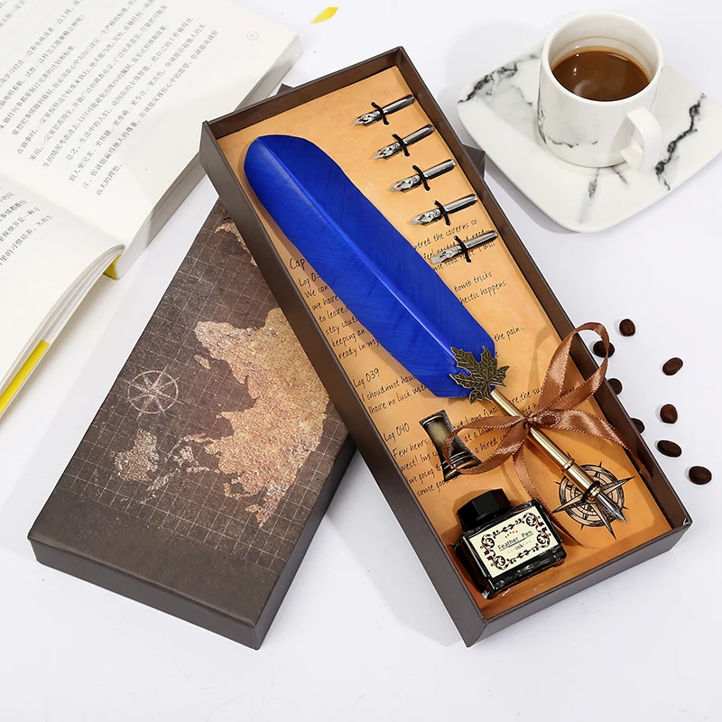 Blue Senior retro British style feather pen calligraphy pen, teacher's day to send teachers to friends can be customized gift box - Цвет: Blue