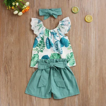 

Kids Girl 3PCS Outfit Set Loose Flamingo Leaves Pattern Short Sleeve Top+Short Dot Ruffle Elastic Band Pants+Bow Hair Band