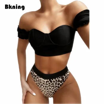 

Leopard High Waist Bikini Women Underwire Push Up Swimwear Black Off Shoulder Swimming Suit for Woman Short Sleeve 2020 NEW