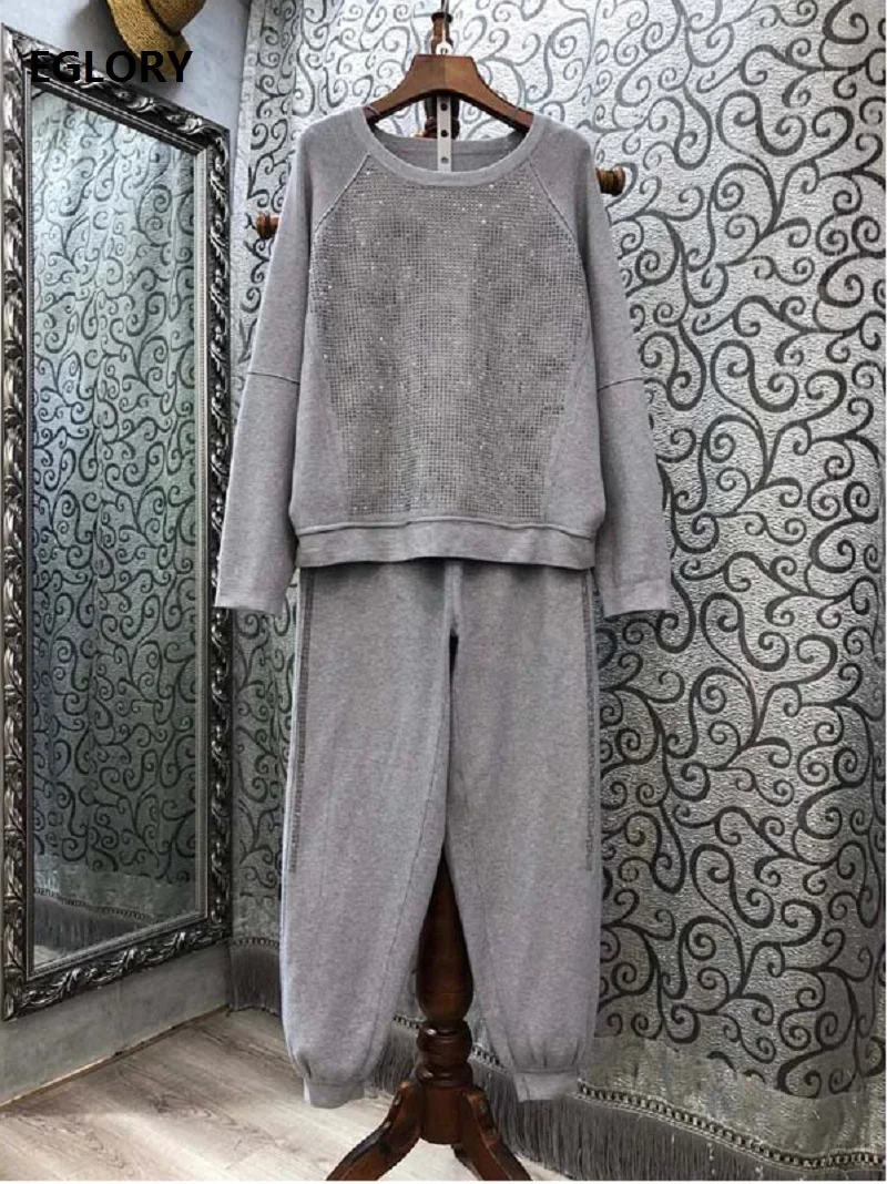 

High Quality Sweater Sets 2020 Autumn Winter Casual Knitwear Women Crystal Beading Knitted Pullovers+Grey Black Knit Pant Sets