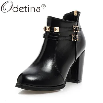

Odetina New Women Back Zip Up Studded Autumn Buckle Strap Booties Block High Heel Ladies Winter Comfort Ankle Boots Plus Size 50