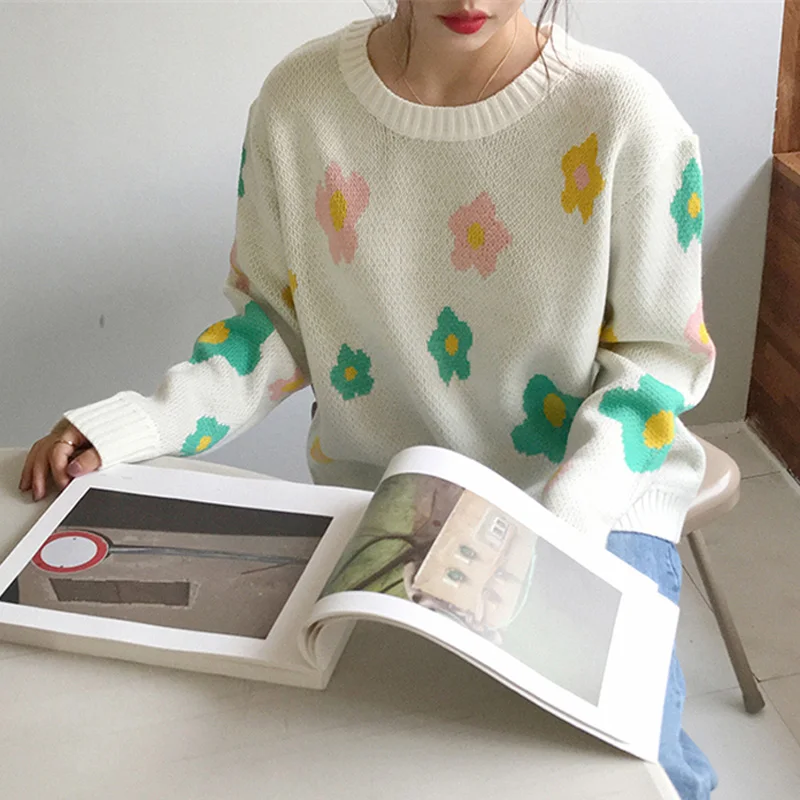Fashion Floral Print Women Sweater O-neck Autumn Winter Female Pullovers Elegant Full Sleeve Loose Knitted jumpers femme 2019 | Женская