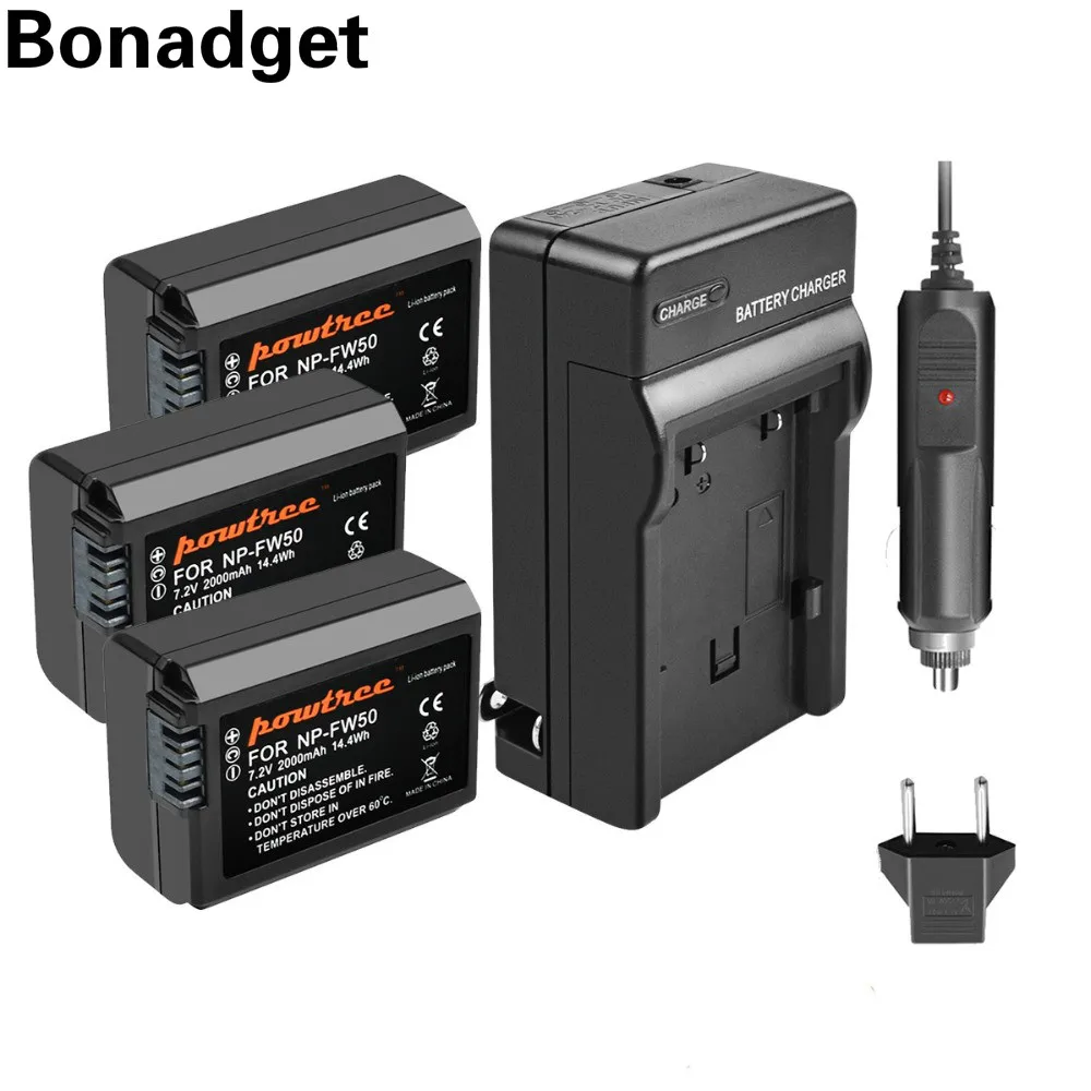 Bonadget для sony 3 шт. 7,2 V 2000 мА/ч, NP-FW50 NPFW50 NP FW50 Камера Батарея+ Зарядное устройство для NEX-C3 NEX-F3 Альфа 3000 6500 a7 a7R a7