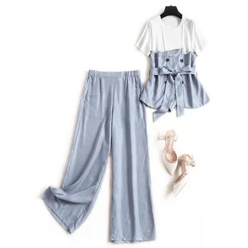 

Women patchwork T-shirts double breasted sashes color block short sleeve Tshirt striped wide leg pant suit casual two piece set