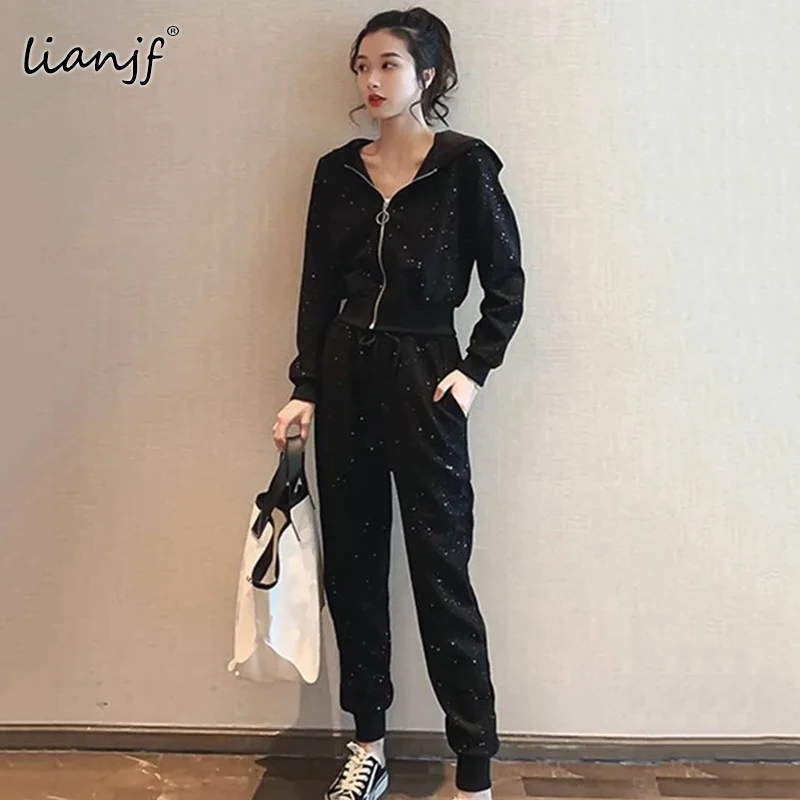 Casual Shiny Women's Tracksuit 2021 Autumn Jacket + Classic Harem Pants Two-piece Set Sweatshirt With Zipper |