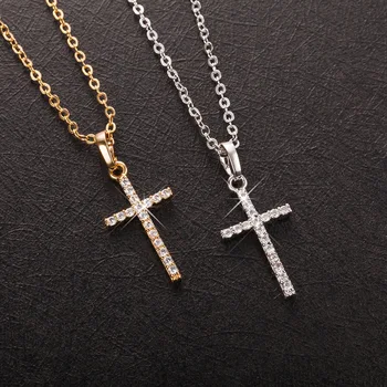 Fashion Simple Cross Necklace Gold Silver Color Crystal Jesus Cross Pendant Necklace For Men Women Couple Jewelry Gift Wholesale