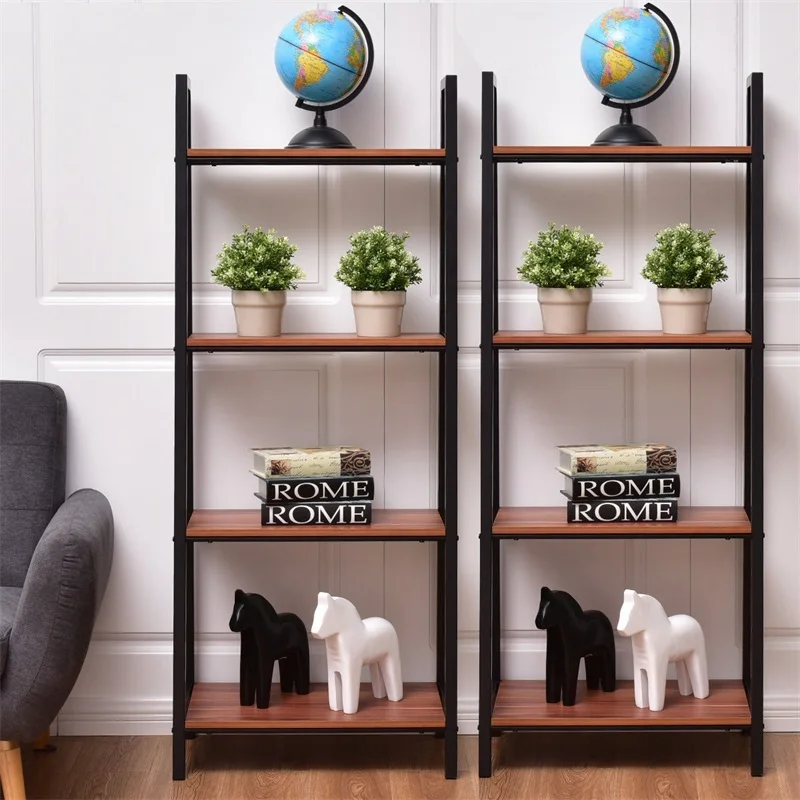 

2 pcs 4-Tier Modern Ladder Bookshelf Steel MDF Bookcases HW55458
