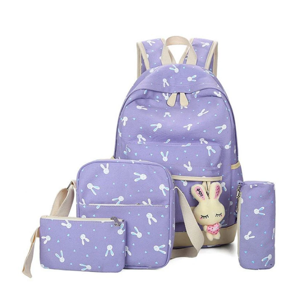 New Casual Cartoon Backpack Ladies Girls Women Print Bag Medium Large Rucksack School Travel Canvas Bags 4 pcs Sets