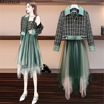 

2020 Spring Autumn Runway 2 Piece Set Women Plus Size Sexy Mesh Patchwork Spaghetti Dress+zipper Coat Cardigan Set Suit Outfit