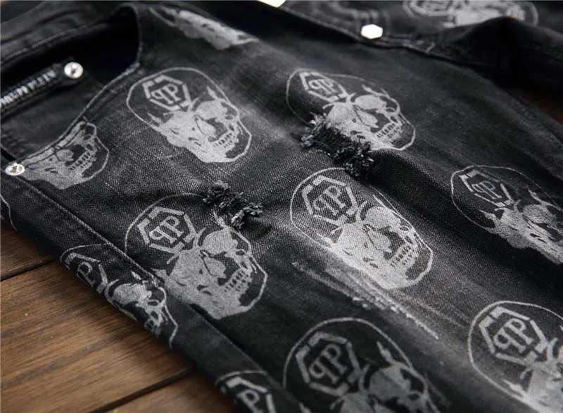 Skull Printed Jeans Pants Mens Hip Hop Streetwear Denim Trousers Washed Stretch Pants Male  (1)