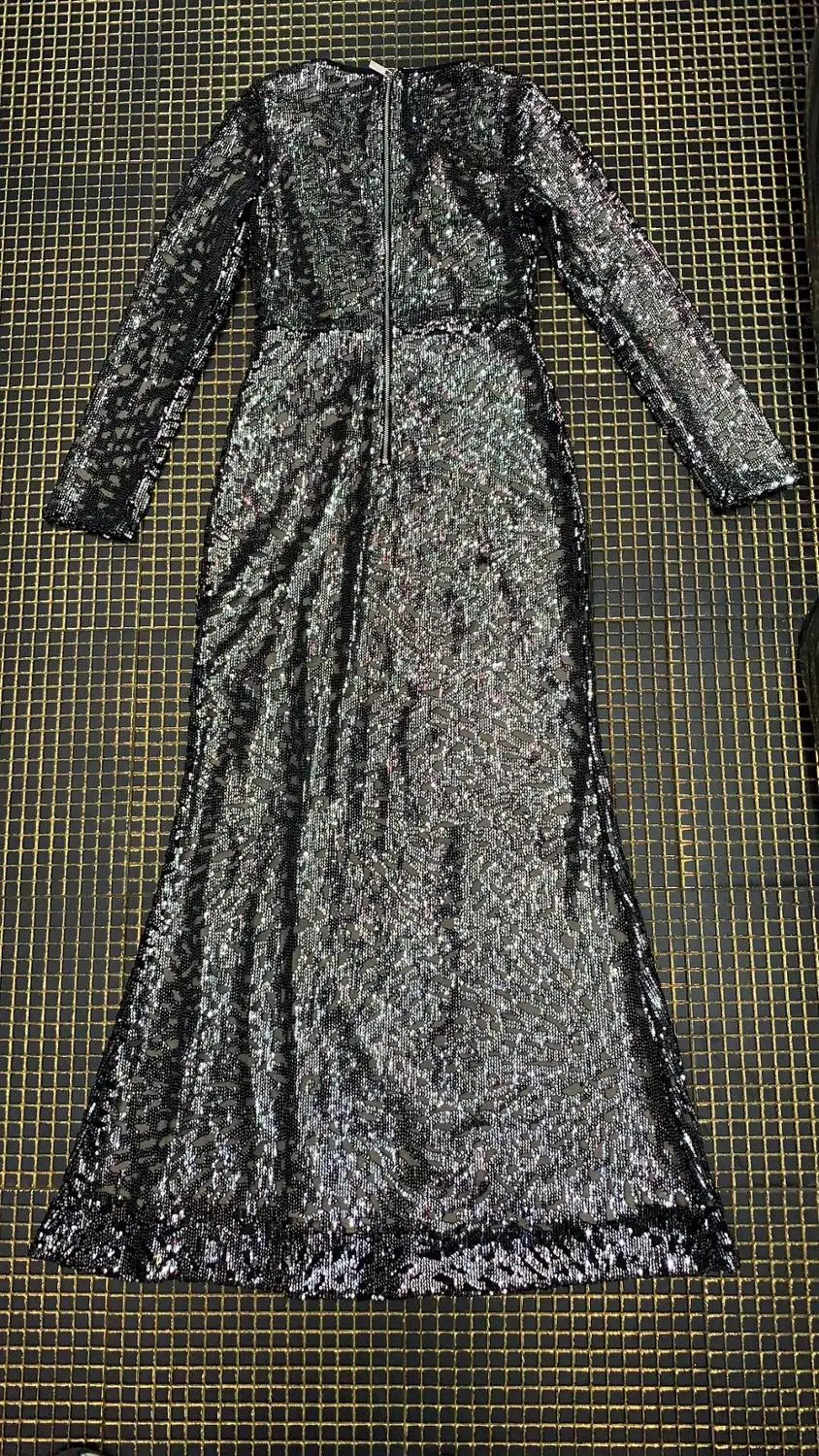 Зимнее женское модное Сетчатое Бандажное платье Vestidos женское сексуальное черное вечернее платье с глубоким v-образным вырезом и длинным рукавом с блестками vestidos