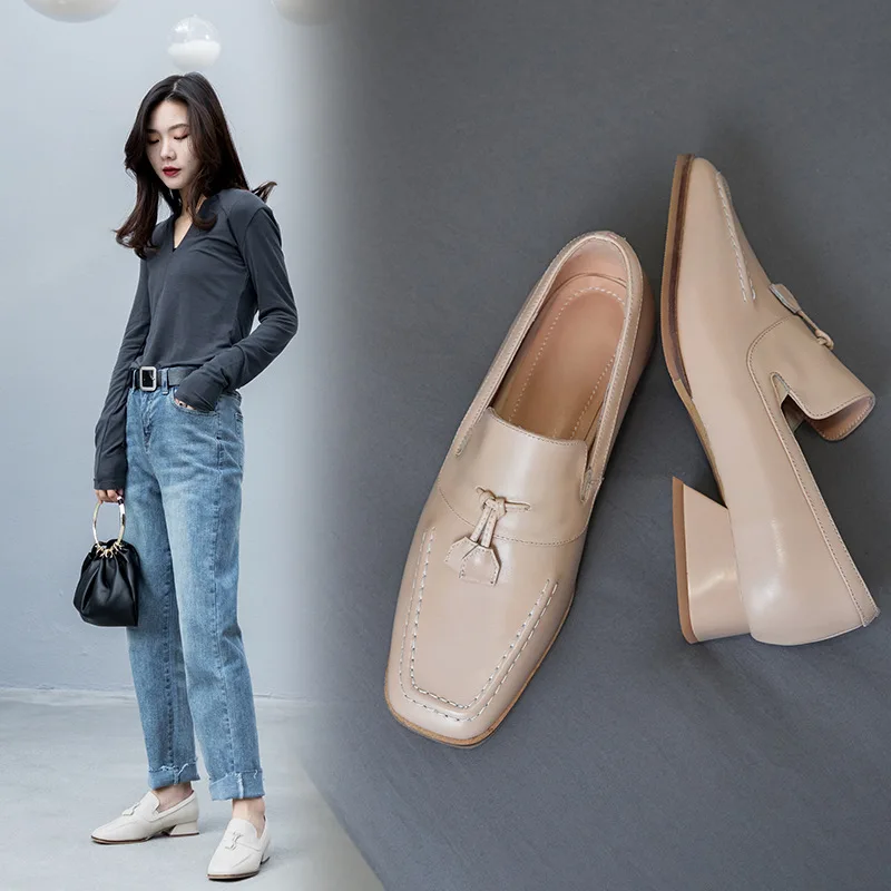 

2019 Spring New Style England Genuine Leather Square Head Small Leather Shoes in Chunky-Heel Retro Size Code Beige Shallow Mouth