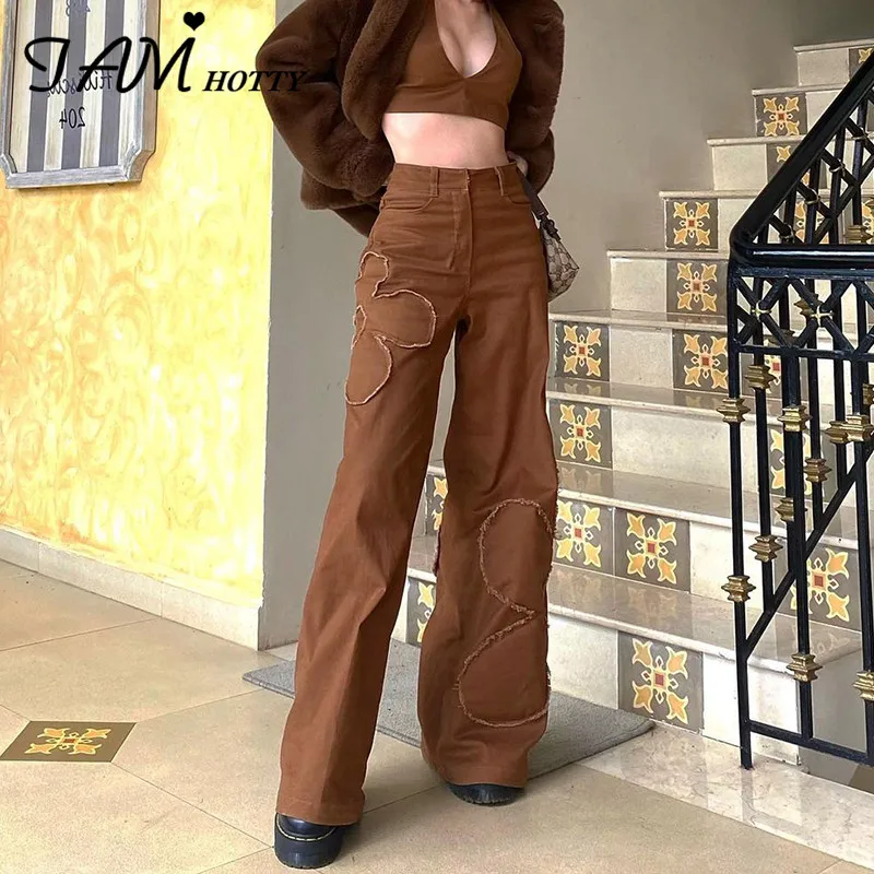 Pantalones vaqueros de retales con flores marrones para mujer, ropa de  calle coreana, Vaqueros Mom de gran tamaño, Pantalones anchos de estética  de los años 90, Iamhotty|Jeans| - AliExpress