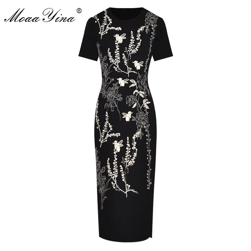 

MoaaYina Fashion Designer Runway dress Summer Women Dress Short sleeve Floral Embroidery Beading Split knitting Dresses
