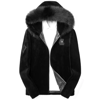 

Real Fur Coat Men's Winter Jacket Fox Fur Collar Real Sheep Shearling Fur Coat Men Wool Coats Plus Size 17CHA180854Y MY1959